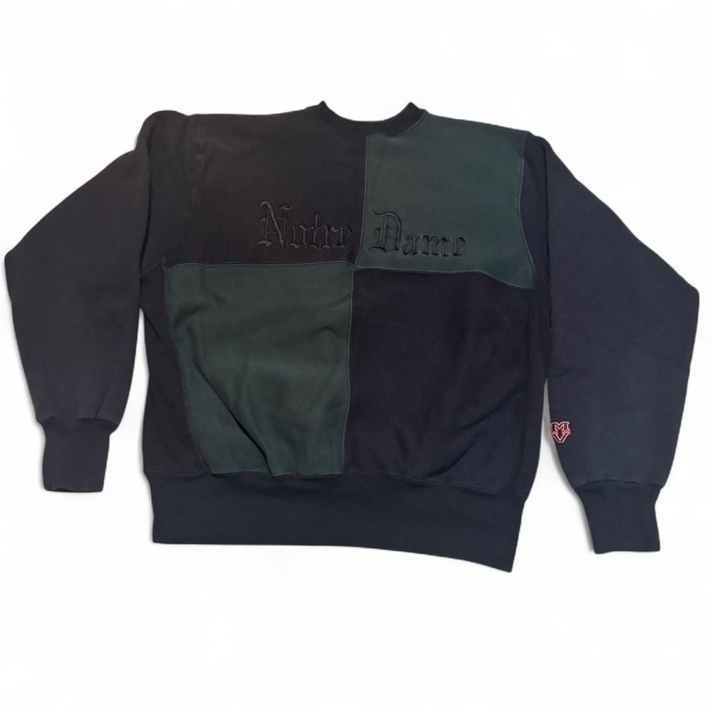 VTG 90s MV Sz XL Norte Dame Pro Weave Crew Neck Sweatshirt Patchwork USA Made
